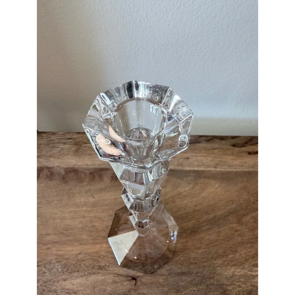 Art Deco Crystal Glass Taper Candle Holder Tiered Geometric Hexagon Base 9.5 in